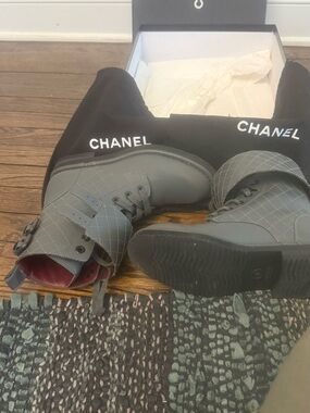 CHANEL Quilted Gray Lace-Up Strap Boots